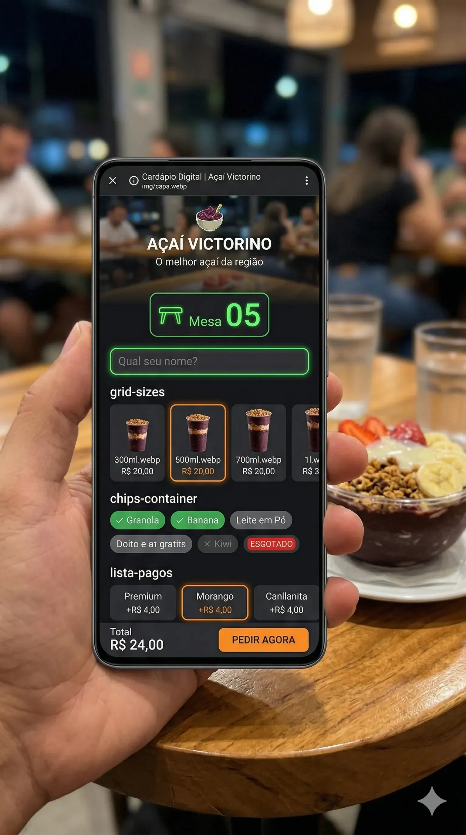 Cardápio digital com QR Code por mesa da açaiteria