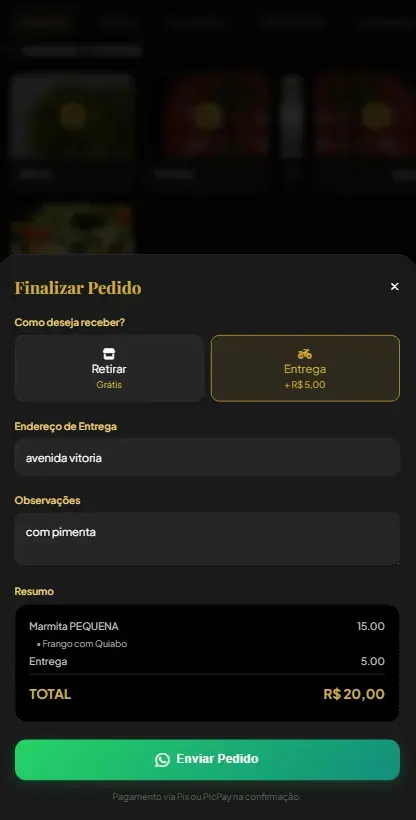 Tela calculando automaticamente a taxa de entrega por bairro
