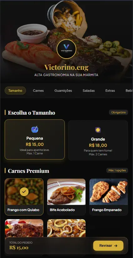 Cardápio digital aberto no celular do cliente com catálogo de produtos