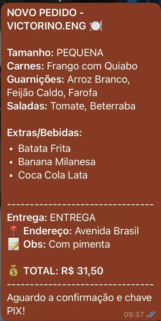 Mensagem de pedido formatada chegando no WhatsApp da loja