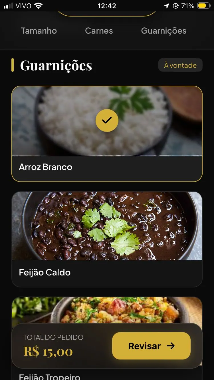 Tela de finalização de pedido sugerindo adicionais ao cliente